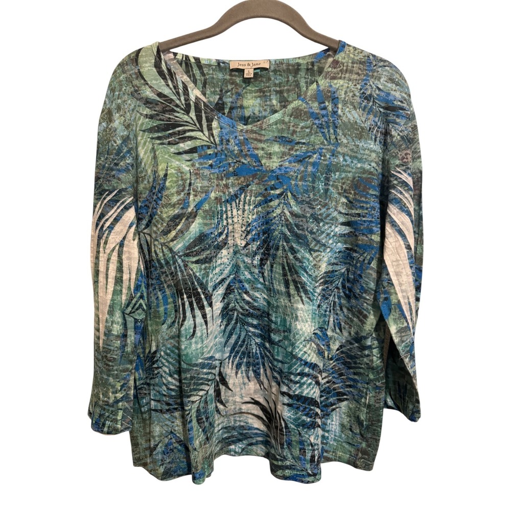 Jess & Jane Burnout Top Large Blue Green Tropical Rhinestone 3/4 Sleeve Artsy